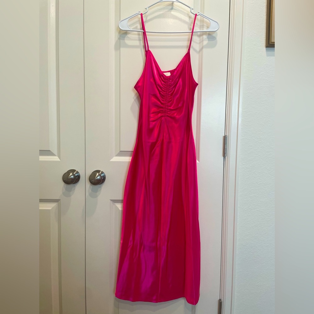 a new day Hot pink satin barbie ruched front Midi Dress